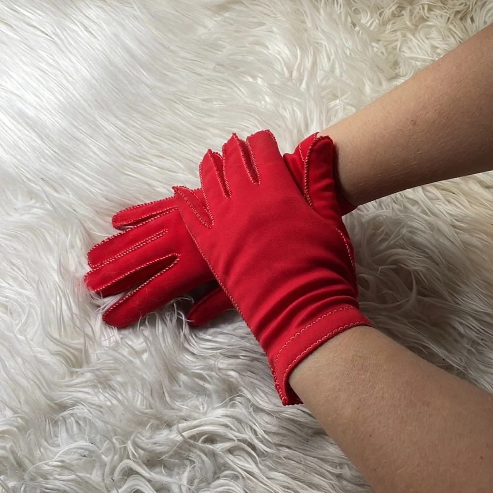 LEATHER SPUN NYLON GLOVES, red short 1950, VINTAGE, Size 6.5